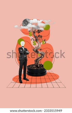 Vertical creative composite collage photo of successful headless man with bulb head get profit earn money isolated pastel color background