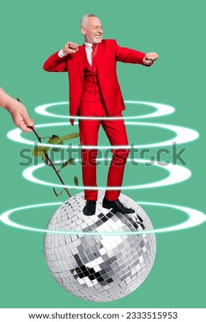 Vertical poster brochure picture 3d collage of elderly cheerful handsome man have fun disco club celebrate birthday 80s 90s theme party