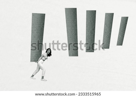 Photo collage minimal picture of funky purposeful lady building dominoes isolated white color background
