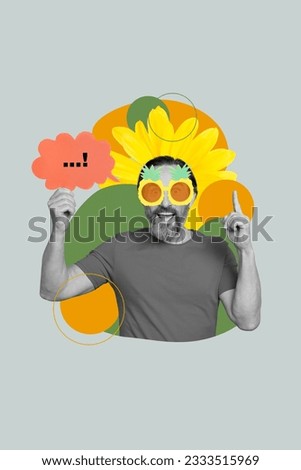 Vertical collage picture of funky black white colors man pineapple sunglass hold mind dialogue bubble point finger isolated on grey background