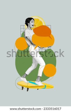 Vertical collage of astonished black white effect girl stand surfing board hold empty space dialogue bubble lemon slice isolated on grey background