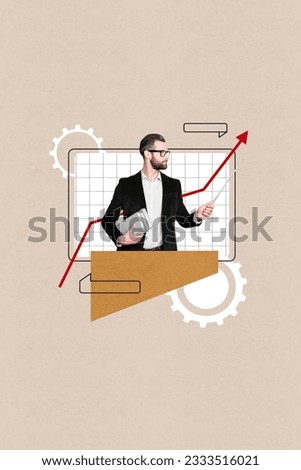 Online lecture teacher directing pointer graphic stats collage picture display progress engineering subject isolated on beige background Royalty-Free Stock Photo #2333516021