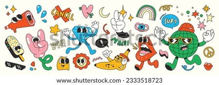 Set of 70s groovy element vector. Collection of cartoon characters, doodle smile face, heart, diamond, megaphone, hand, rainbow, star, word. Cute retro groovy hippie design for decorative, sticker.