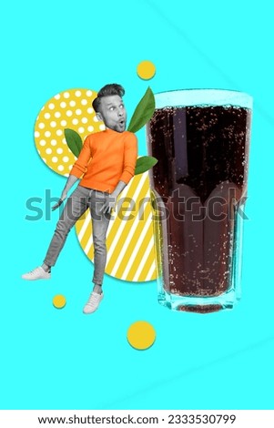 Strange template creative collage of amazed guy impressed big lgass order coca cola in bar pub cafe
