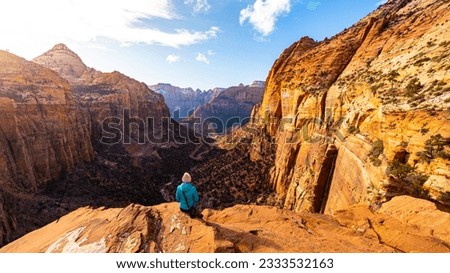 hiker girl admires spring sunset in zion national park, amazing sunset over mighty canyon in utah, usa	 Royalty-Free Stock Photo #2333532163
