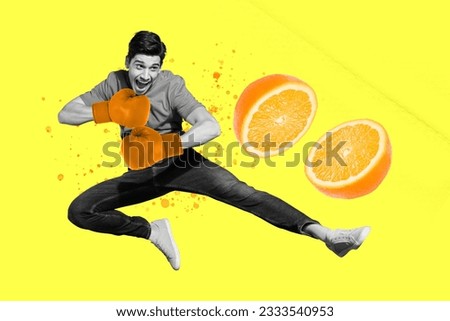3d retro abstract creative artwork template collage of smiling excited energetic young man leg karate fight boxer gloves cut orange fruit Royalty-Free Stock Photo #2333540953