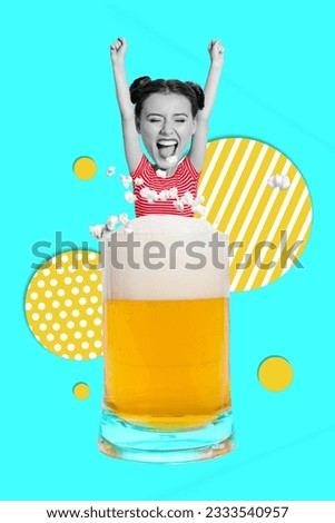 Vertical creative collage image of excited energetic funny female big head scream shout have fun raise fists ale pint beer bar weekend