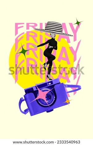 Collage photo of have fun good mood woman dancing summer season friday holidays vacation paparazzi make cadres isolated over placard
