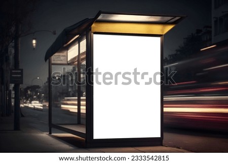 Modern Advertisement billboard in street, Vertical blank digital billboard mockup at bus stop in city street, Outdoor billboard mockup for advertisement placement Royalty-Free Stock Photo #2333542815