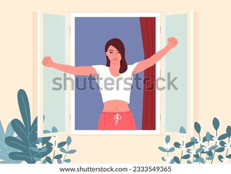 Beautiful young woman doing morning stretch at the window, daily routine, breathe fresh air, vector illustration