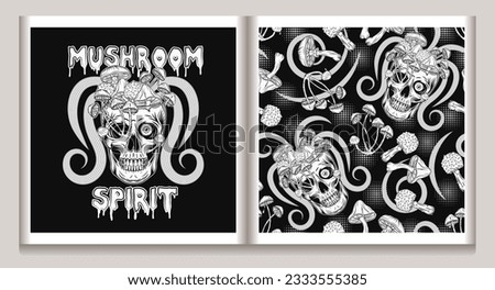 Psychedelic surreal label, pattern with human skull without top like cup full of fantasy mushrooms, text. Crazy mad skull with single eye, growing through skull mushrooms. Concept of madness, insanity