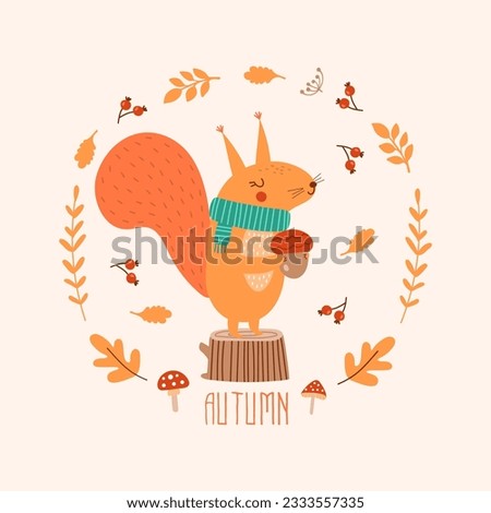 Autumn card with cute squirrel, leaves, acorn, mushrooms.  Vector illustrations