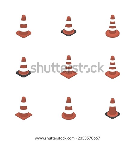 Set of different cone signs road repairs, isolated on white background. Under construction design elements. Flat 3D isometric style, vector illustration.