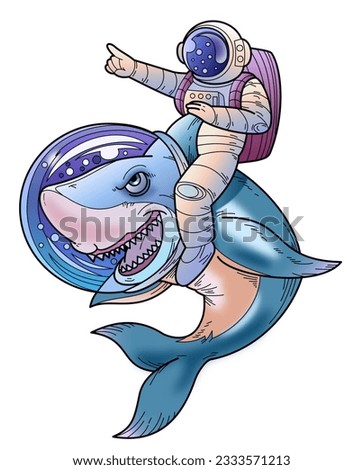 Astronaut On Shark Color Line Drawing Illustration. Shark Vector Illustration. Man Riding A Shark Vector. Cartoon Vector. Shark Cartoon.