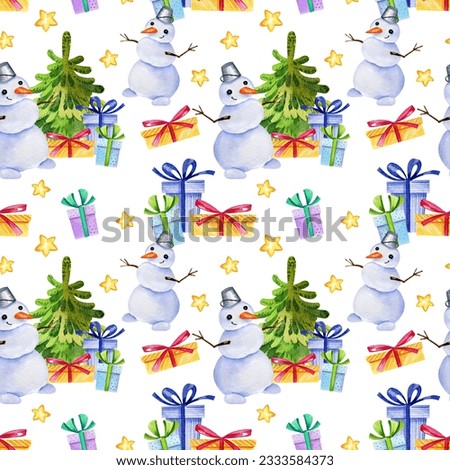 Watercolor seamless pattern of christmas theme with a Christmas tree, gifts snowmen and stars, winter illustration, hand drawn sketch isolated on white background