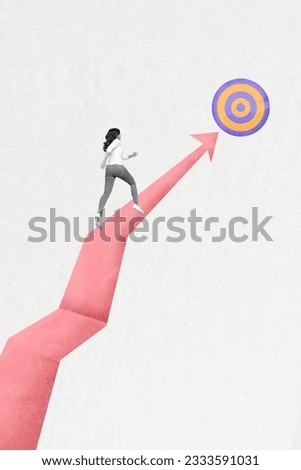 Artwork collage picture of purposeful lady running achieving success isolated white color background