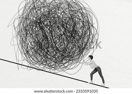 Creative composite 3d photo collage of astonished stressed exhausted girl pushing up doodle ball isolated on white color background