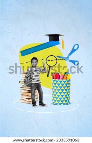 Advert creative template collage of small kid boy make peace sign show buying on school season discounts