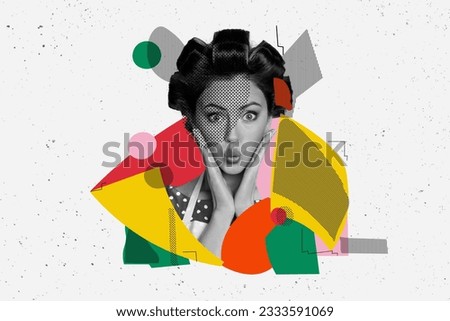 Photo collage artwork picture of impressed funny house wife exciting shopping isolated creative background