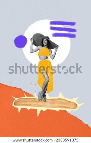 Illustration painted collage artwork of funky girl summer outfit orange fruit print dress eat french baguette isolated on grey background