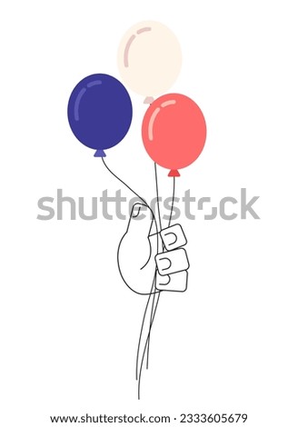 July 4th balloons holding monochromatic flat vector hand. Americana red white and blue colors. Happy independence. Editable line clip art on white. Simple bw cartoon spot image for web graphic design