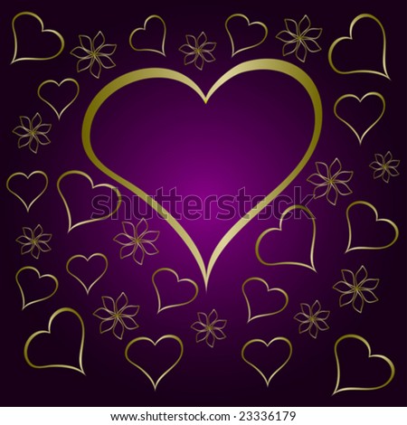 A  purple valentines vector illustration with a large  heart shaped frame surrounded by small gold hearts and flowers with room for text