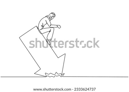 Single one line drawing of Arab sluggish businessman sits downcast on a swooping arrow stuck in the ground. Losses from the stock exchange. Heavy inflation. Continuous line design graphic illustration
