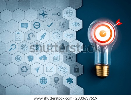 Digital marketing startup plan, business management action and development concepts. 3d target dart in creative idea light bulb and strategic element icons on hexagon pattern, blue background.