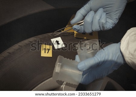 Crime scene investigation - collecting of evidences of soil samples on car wheel Royalty-Free Stock Photo #2333651279