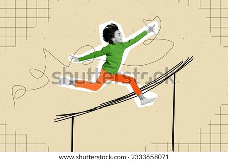 Creative collage picture of excited funny black white colors boy running hurry fast isolated on drawing beige background