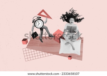 Collage picture of black white colors excited girl read book bell ring clock instead body man hold triangular isolated on drawing background