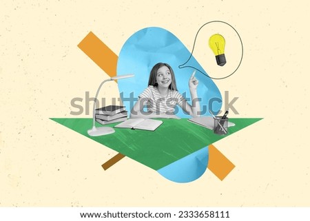 Collage picture of happy intelligent black white colors girl read book point finger light bulb mind bubble isolated on creative background