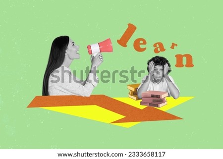 Creative collage of black white colors girl teacher communicate loudspeaker learn lazy schoolboy pile stack book isolated on green background