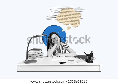 Photo black white style collage girl forgot her homework thoughts how tell her teacher minded sit classroom isolated on white background
