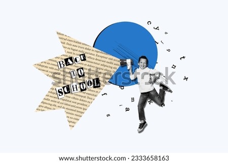 Photo banner picture collage invitation back to school september holiday knowledge day boy hold loudspeaker isolated on white background