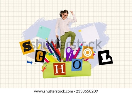 Creative illustration collage of funny schoolgirl nerd academic hold diplomat buy tools for education isolated on plaid paper background