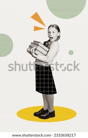 Vertical collage image of impressed intelligent black white gamma girl arms hold pile stack book apple fruit isolated on creative background