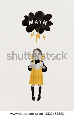 Vertical collage image of black white effect unsatisfied girl hold book look math thunder storm cloud lightning isolated on creative background