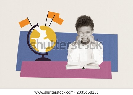 Collage artwork graphics picture of unhappy upset small boy bored preparing homework isolated painting background