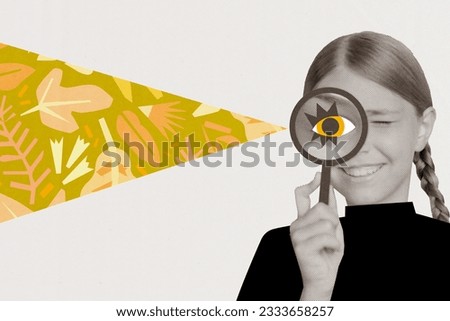 Artwork collage picture of positive black white colors girl arm hold magnifier lens glass eye look drawing leaves isolated on creative background