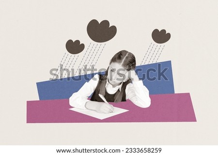 Creative retro 3d magazine collage image of unhappy sad small girl dislike preparing homework isolated beige color background