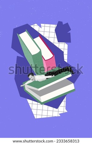 Vertical collage picture of mini black white colors clever boy raise fist flying huge book isolated on painted violet background