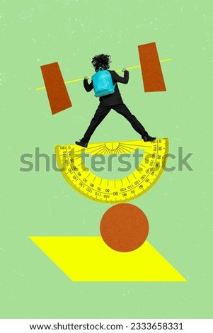 Funky diligent academic strength schoolboy holding dumbbell balance on protractor over sphere ball isolated on green color background