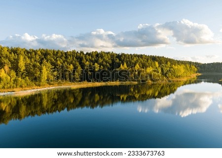 Aerial view of beautiful green waters of lake Gela. Birds eye view of scenic emerald lake surrounded by pine forests. Clouds reflecting in Gela lake, near Vilnius city, Lithuania. Royalty-Free Stock Photo #2333673763