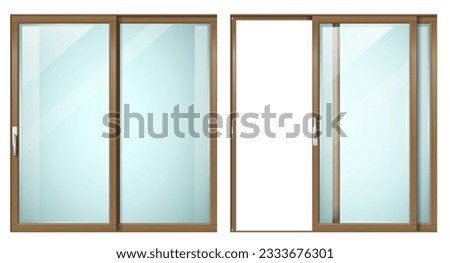 Modern sliding metal wooden door or window. Vector with transparent glass