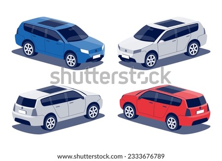 Modern passenger suv car. Mid size sport utility hatchback business vehicle, family car, crossover off-road. Isolated vector red and blue object icons on white background in isometric dimetric style.