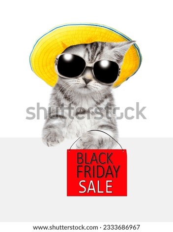 Tabby kitten wearing sunglasses and summer hat shows signboard with labeled "black friday sale" above empty white banner. isolated on white background