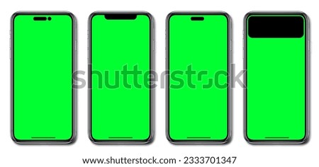 Smartphone green screen  with blank white screen for Infographic Global Business Marketing Plan, mockup model similar to Phone 15 isolated Background of ai digital investment economy.