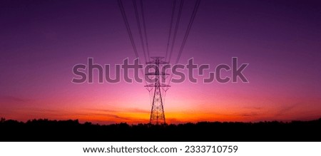 Panorama Silhouette street light post, electric pole and high voltage tower.High voltage transmission pole against morning sun background.