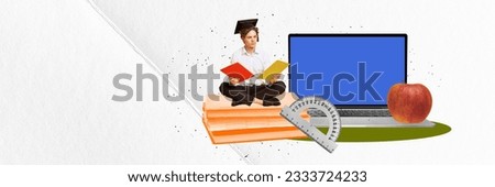 Contemporary art collage. Young man, student sitting on books and preparing to pass university exams. Remote study. Concept of online education, modern technologies, freelance job, innovations, ad